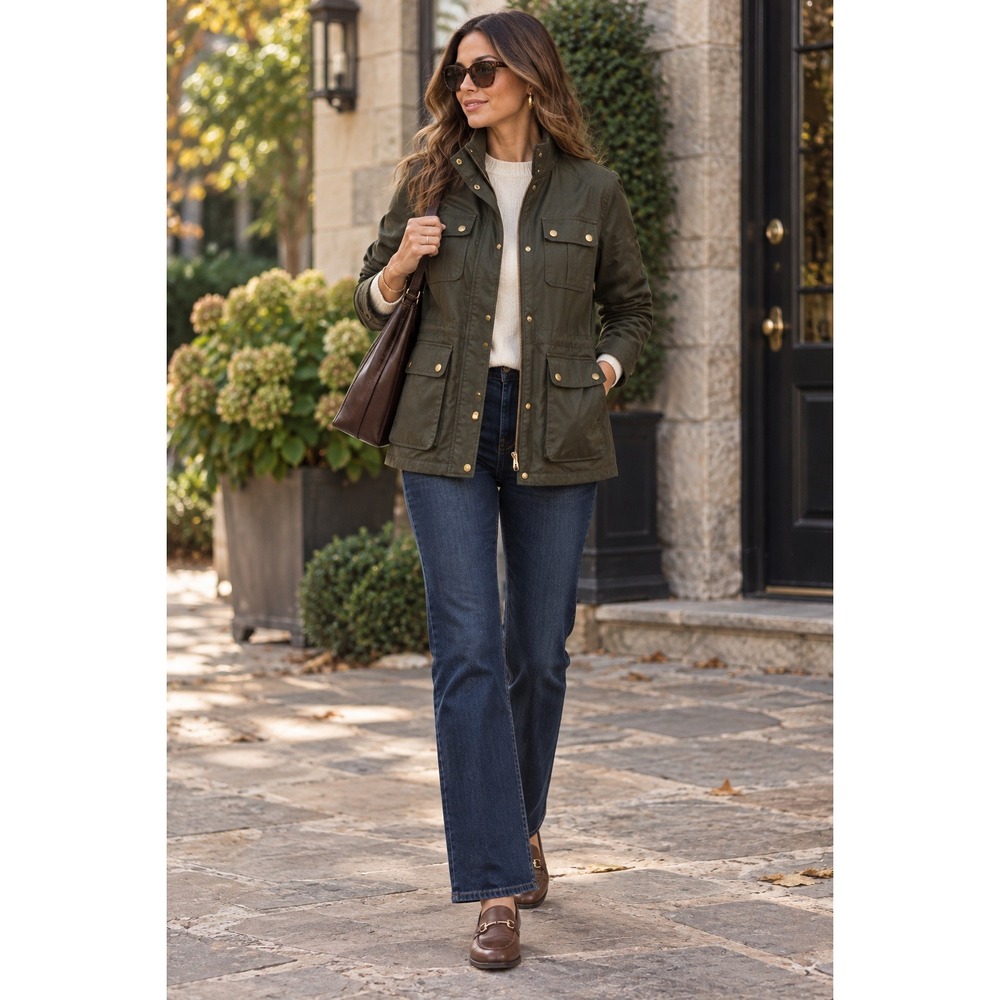 J.Crew Olive Green Waxed Cotton Twill Utility Field Jacket Gold Snap L
